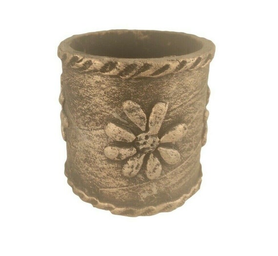 Handmade Flower Embossed Pen Holder in Gold Painted Paper Mache and Sawdust for Elegant Desk Organization and Unique Home Decor