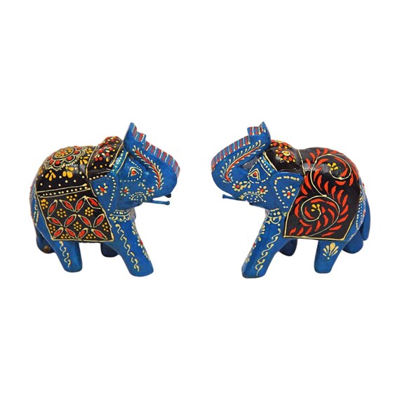 Handmade Indian Wooden Elephant Statue Set of 2– Boho Chic Decor, Unique Carved Figurines, Elegant Home Accents for Bohemian & Ethni Styling