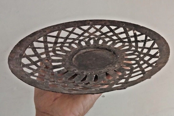 Hand Crafted Vintage Iron Basket, Riveted Round Tribal Basket, Antique Rusty Iron Storage, Unique Home Decor, Collectible Piece R1
