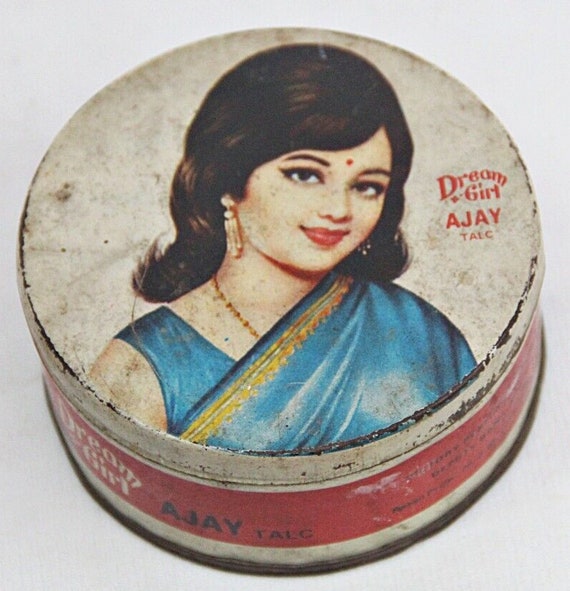 Vintage Dream Girl Ajay Talc Round Tin Box – Rare Old Litho Print Unique Collectible, Nostalgic Decor for Retro Home & Lifestyle Enthusiasts