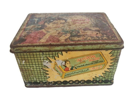 Vintage Mirgnani Kajal Powder Advertisement Tin Box – Makeup Eyeliner Collector’s Case, Old Litho Tin Art, Rare Cosmetic Memorabilia
