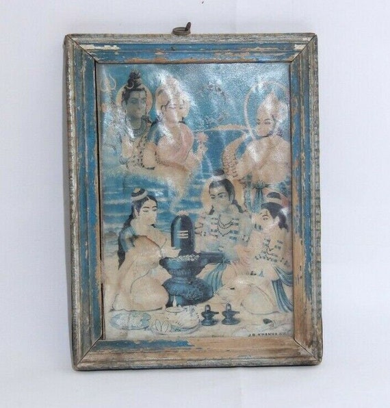 Old Vintage Lord Rama-Sita Worshipping Shiva Litho Print– Antique Hindu Art, Framed Religious Decor, Collectible Indian Devotional Poster N2