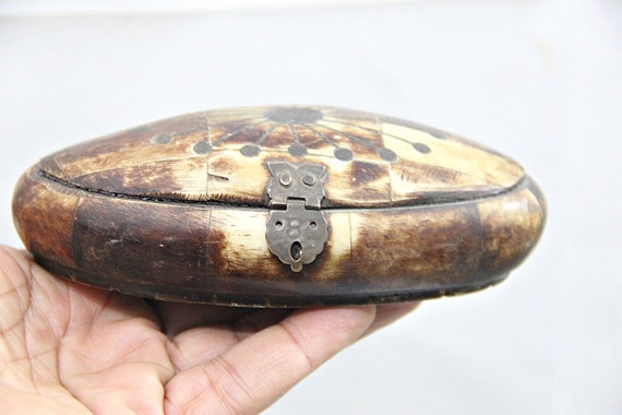 Old Vintage Bone Inlay Box with Brass and Velvet, Handmade Jewelry Box, Unique Gift for Her, Boho Keepsake, Victorian Style Decor