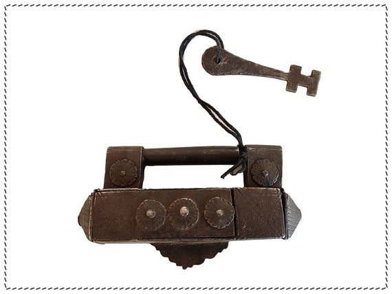 Handmade Iron Padlock with Floral Design– Unique Strip System Lock from India | Vintage Push-Key Security | Antique-Style Home Decor Gift M2