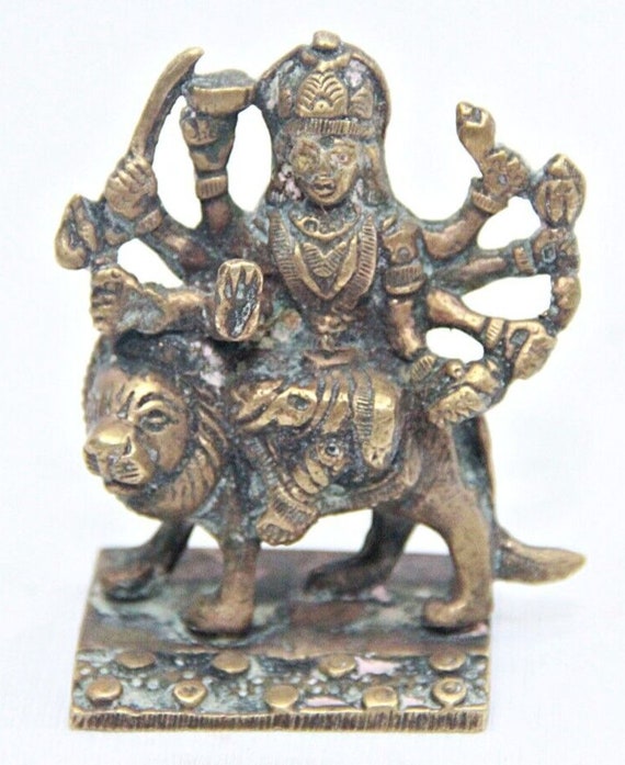 Brass Hindu Goddess Durga Ambe Sherawali Mata with Lion Idol Sacred Indian Vintage Figurine, Spiritual Home Accent for Devotees & Collectors
