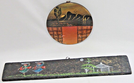 Set of 2 Vintage Hand-Painted Wooden Wall Hangings – Exquisite Indian Folk Art, Timeless Colletible Décor for Boho or Traditional Interiors