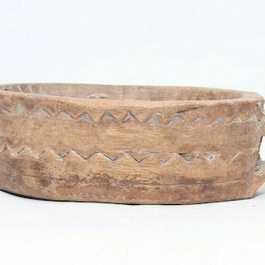 Rare Old Vintage Hand Carved Boat Shape Wooden Kharal Opium Water Bowl Mortar with Unique Design for Collectors and Decor