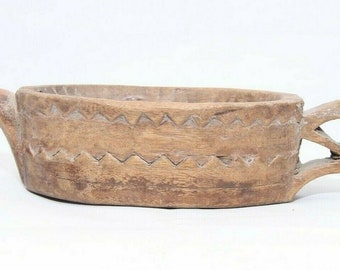 Old Hand Carved BOAT SHAPE Wooden Kharal Opium Water Bowl Mortar Serpent Head