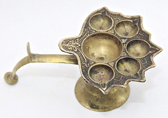 Antique Handmade Brass Oil Lamp Stand 6-Wick Vintage Puja Collectible, Traditional Indian Décor, Exquisite Religious Gift for Festive Spaces