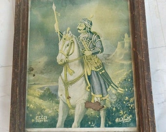 Vintage Old King Maharana Pratap on Horse Litho Print Well Framed Glass Covered