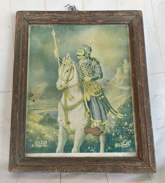 Vintage Royal King Maharana Pratap on Horse Litho Print – Beautifully Framed | Rare Historical Collector’s Art | Old Regal Indian Home Decor