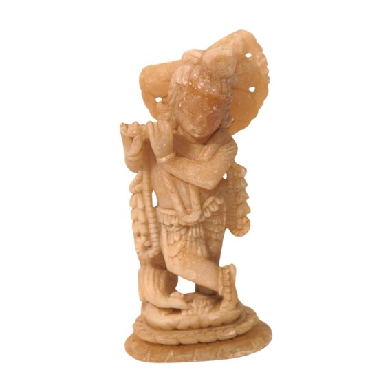 Old Vintage Hand Crafted Marble Stone Hindu Lord Shri Krishna Playing Flute Standing Idol Statue Religious Beautiful Decorative Collectible