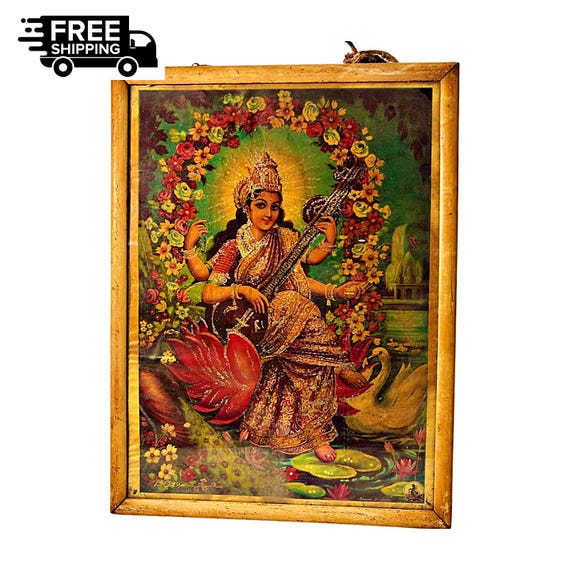 Vintage Hindu Goddess Saraswati Mata with Veena– Silver Work Décor Wooden Frame Print, Beautiful Divine Art for Spiritual Homes and Devotees