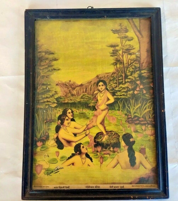Rare Vintage Litho Print Raja Ravi Varma’s Krishna Gopi Jal Krida Mythological Art, Framed Indian Heritage Masterpiece for Timeless Elegance