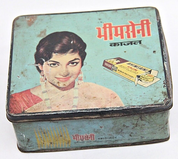 Vintage Tin Box for Kajal, Bhimsaini Collectible, Eye Care Nostalgic Piece, Healthy Eyes Promotion, Elegant Tin Makeup Container, Eye Beauty