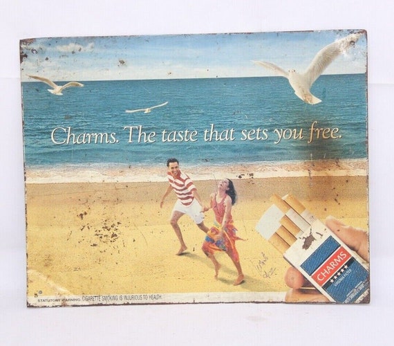 Vintage Charms Virginia Filter Cigarettes Tin Sign Board – Rare Smoking Advertisement, Antique Litho Art Collectible, Classic Tobacco Decor