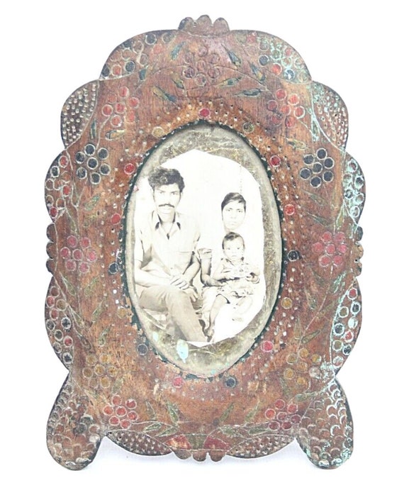 Handmade Vintage Wooden Photo Frame with Floral Carving, Beautifully Painted, Rustic Antique Decor, Unique Decorative Keepsake