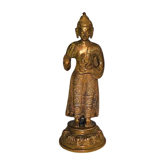 8-Inch High Brass Standing Buddha Statue – Exquisite Craftsmanship, Religious Showpiece for Spiritual Décor, Meditation Spaces or Collectors