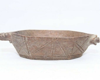 Old Vntg Hand Carved Wooden Kharal Opium Water Pot Bowl Mortar BOAT SHAPE 03