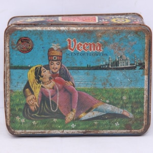 Vintage Indian Veena Tin Box: Scent of Flowers Perfume Collectible