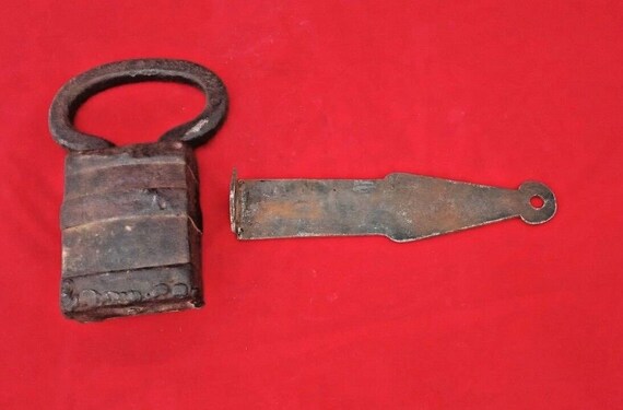 Large Vintage Iron Padlock with Original Key, Hand Made Push Button Strip System, Unique Antique Lock for Collectors or Home Decor