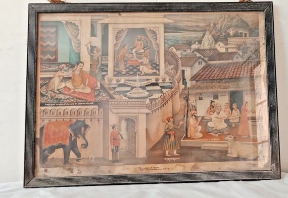 Vintage Litho Print Sri Sen Ji Maharaj, Carved Wooden Frame, Large Well-Framed Print, Antique Religious Artwork, Unique Decor