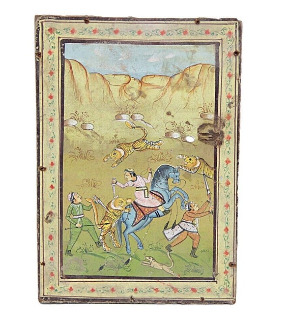 Vintage King Hunting Scene Wall Art– Exquisite Paper Painting on Hardboard, Unique Collectible for Art Enthusiasts and Heritage Décor Lovers