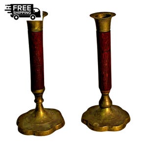 Vintage Handmade Wood & Brass Candlestick Set: Rustic Home Decor