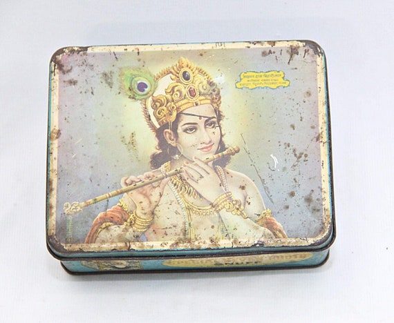 Metal Tin Box, Special Seven Photo Collectible Tin with Lord Krishna Litho Print, Rare Vintage Hand Crafted Decorative Art Piece