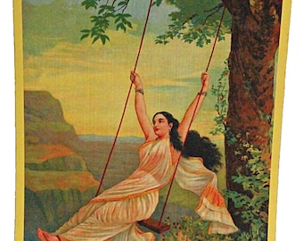 Divine Elegance: Raja Ravi Varma's Reprint Capturing the Graceful Image of Mohini on a Swing, Radiating Divine Charm and Beauty.