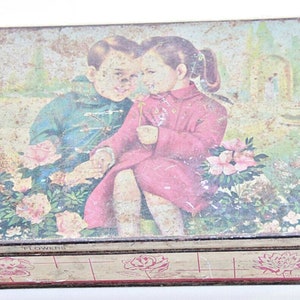Vintage J.B. Sweets Tin Box: Litho Print Kids & Flowers, Retro Storage