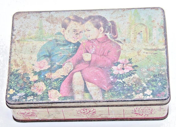 J.B. Sweets Litho Print Tin Box Nostalgic Kids Flower Scenery Storage Collectible Rare Vintage Retro Decor for Collectors