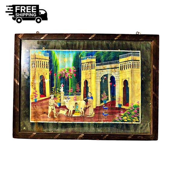 Rare Old Vintage Hindu Religious Radha Krishna Painting– Timeless Wooden Frame Decorative Collectible, Divine Art for Devotees and Spiritual