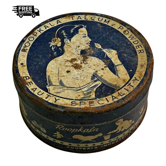 Vintage Roopkala Talcum Powder Lady Print Tin Box Advertising Indian Collectible