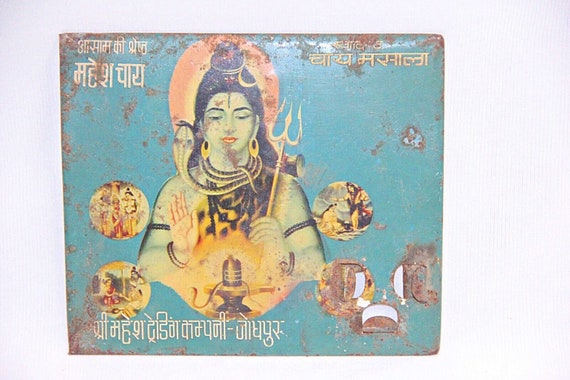 Lord Shiv Print Mahesh Chai Masala Advertisement Tin Sign, Vintage Hand Crafted Unique Collectible Wall Décor for Home Aesthetic Enthusiasts