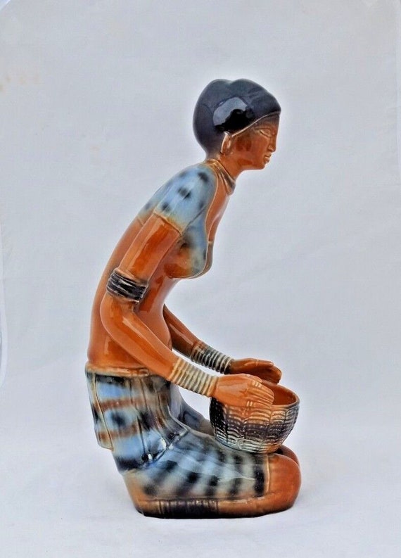 Large Vintage Porcelain Painted Tribal Lady Statue 14" Inches Stunning Art Decor Unique Home Collection Tribal Beauty
