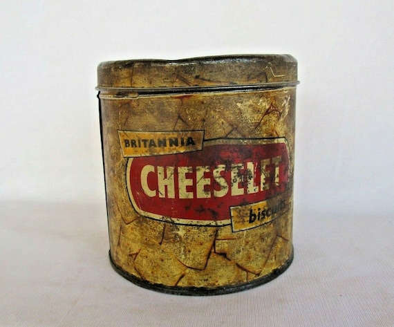 Vintage Britannia Cheeselet Biscuits Advertising Tin Box – Rare ESH India Litho Collectible | Round Cheese Tin | Retro Kitchen Decor