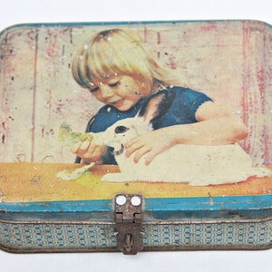 Vintage Litho Print Tin Box: Little Girl with Rabbit, Collectible Decor