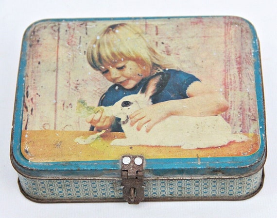 Beautiful Handcrafted Vintage Little Girl with Rabbit Ad Litho Print Tin Box– Unique Collectible Decor for Storage, Organizing & Art Display