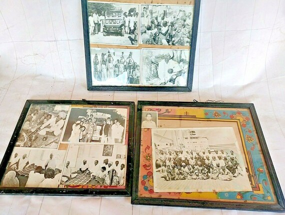 Vintage Primitive Wooden Photo Frames– Set of 3 with Original Indian Photos | Rustic Wall Decor | Antique Picture Holders for Home Office S5