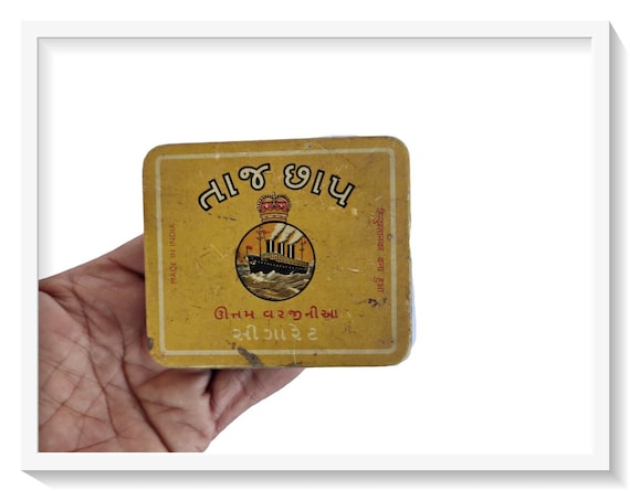 Old Rare Vintage Taj Brand Bidi Cigarette Advertising Litho Tin Box– Unique Indian Collectible | Retro Tobacco Art for Enthusiasts & Display