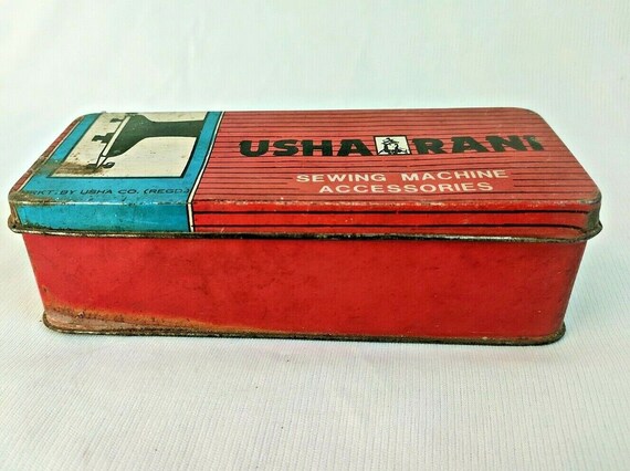 Vintage Usha Rani Sewing Machine Accessories Tin Box | Litho Print Container | Retro Sewing Tool Storage Boox Organizer Collectible
