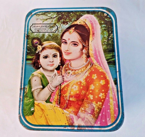Vintage Litho Print Lord Krishna with Mother Snuff Tin Box– Exquisite Design Antique Collectible | Divine Snuff Case | Unique Spiritual Gift