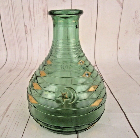 Vintage Italy Green Glass Bottle with Moon and Star Design Mastercraft Pipe, Unique Golden Work, Artisan Decor, Rare Collectible Home Accent