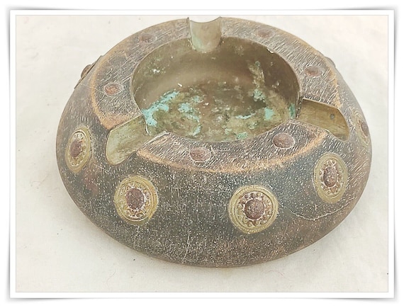 Brass and Wooden Ashtray with Cigarette Holders, Old Vintage Handcrafted Indian Decor, Smoking Accessory