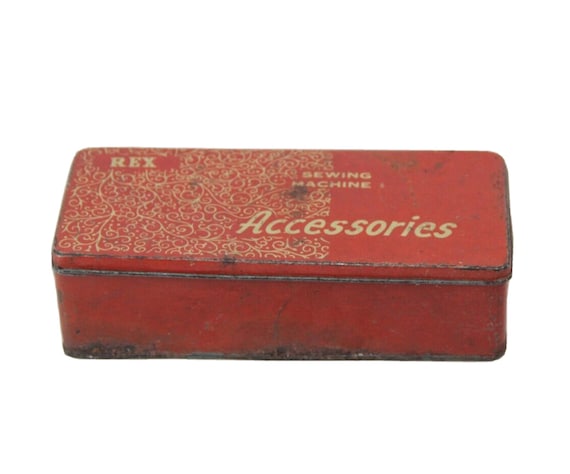 Rare Vintage Hand Crafted Rex Sewing Machine Accessories Litho Tin Box – Collectible Tool Case for Sewing Supplies and Creative Organization