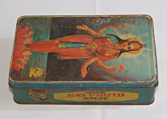 Vintage Special Seven Photo Snuff Featuring Goddess Laxmi Litho Print Advertisement Tin Box Unique Decorative Collectible Indian Artifact