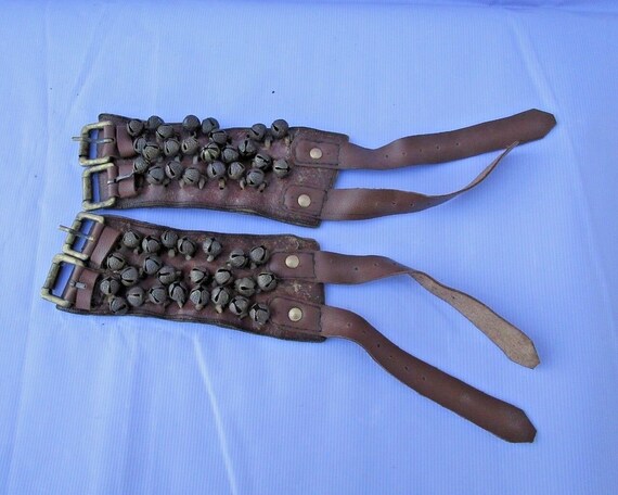 Antique Gajre Bells Leather Bracelet Pair | Tribal Belly Dance Accessories | Indian Dance Bells for Ankles & Wrists | Unique Vintage