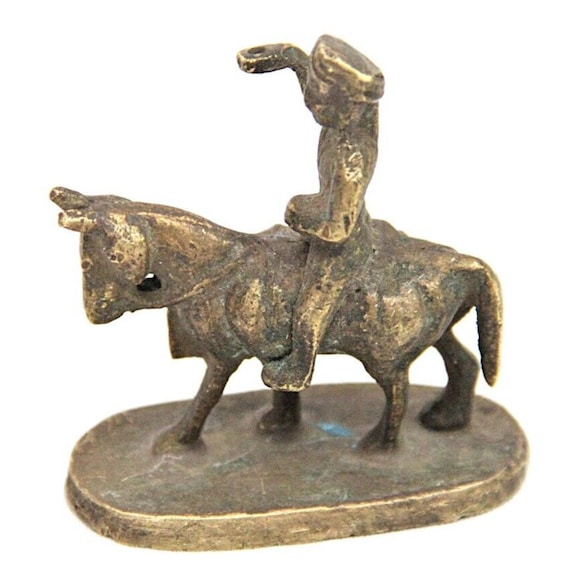 Vintage Brass Soldier Statue on Horseback, Antique Collectible, Rich Patina Decor, Historical Home Accent, Unique Gift Idea