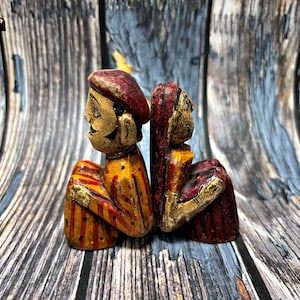 Set of 2 Wooden Couple Statues– Vintage Hand-Carved Lacquer Painted Rare Exquisite Folk Art Traditional Decorative Pair Timeless Collectible